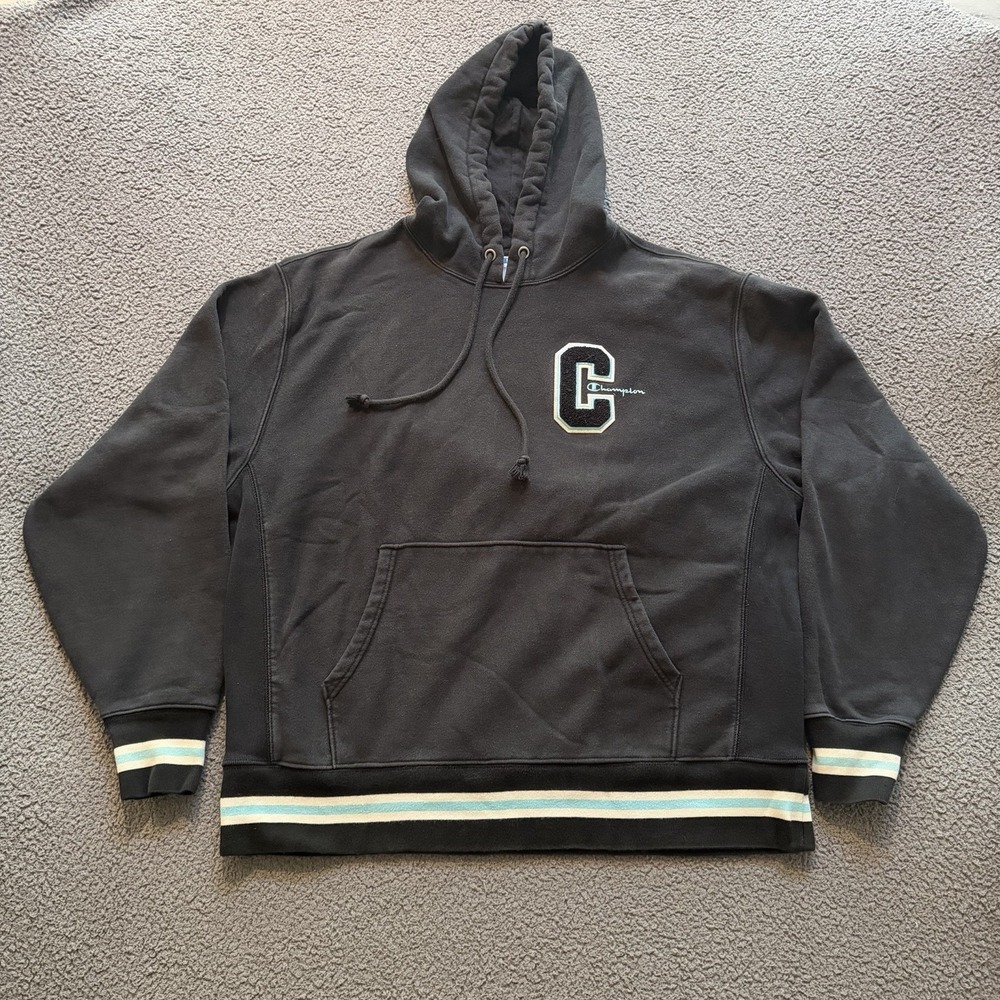 Champion Reverse Weave Chenille C Patch Logo Black Hoodie Men's XL